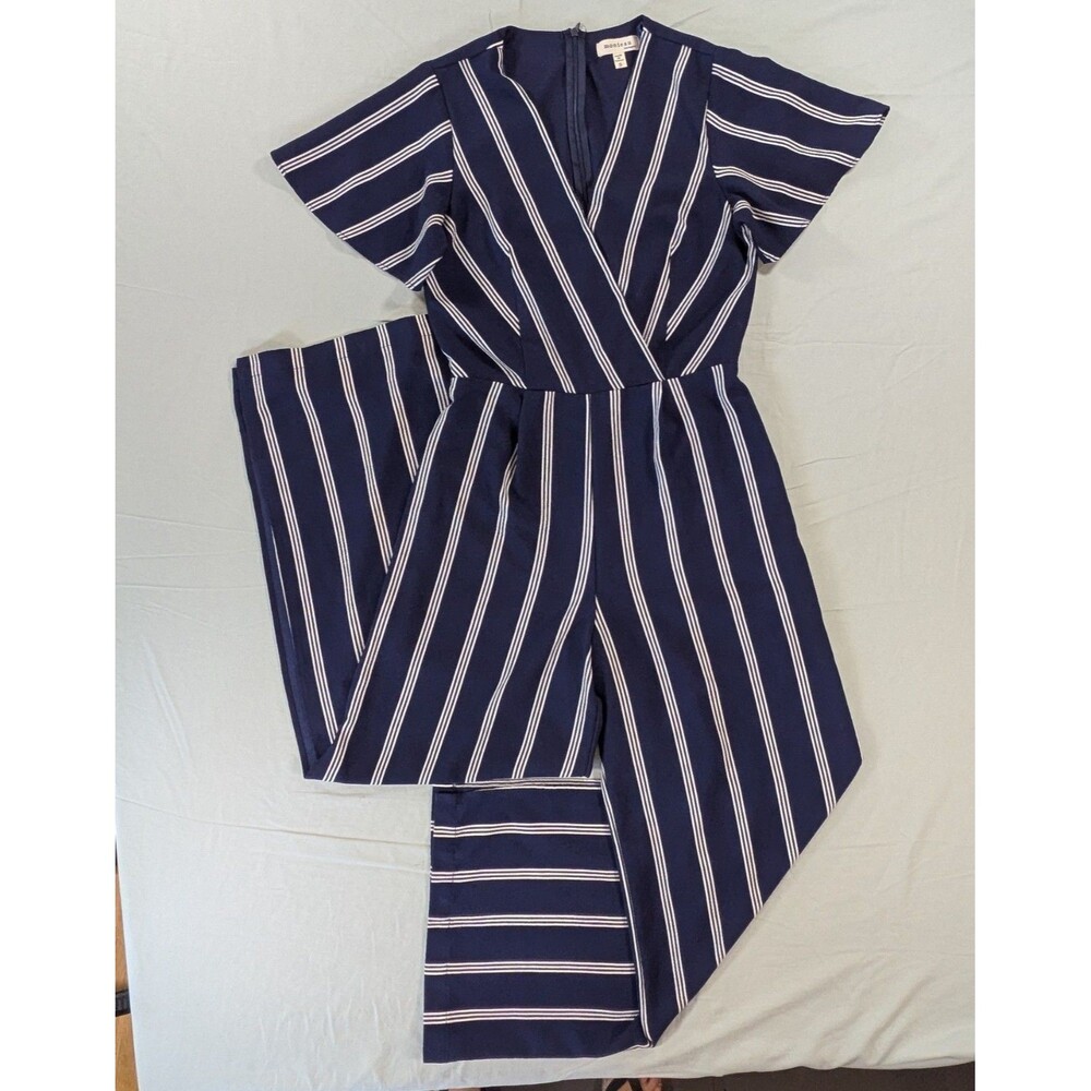 Monteau Los Angeles Jumpsuit Womens Blue And White Stripes Shirt Sleeve Size S